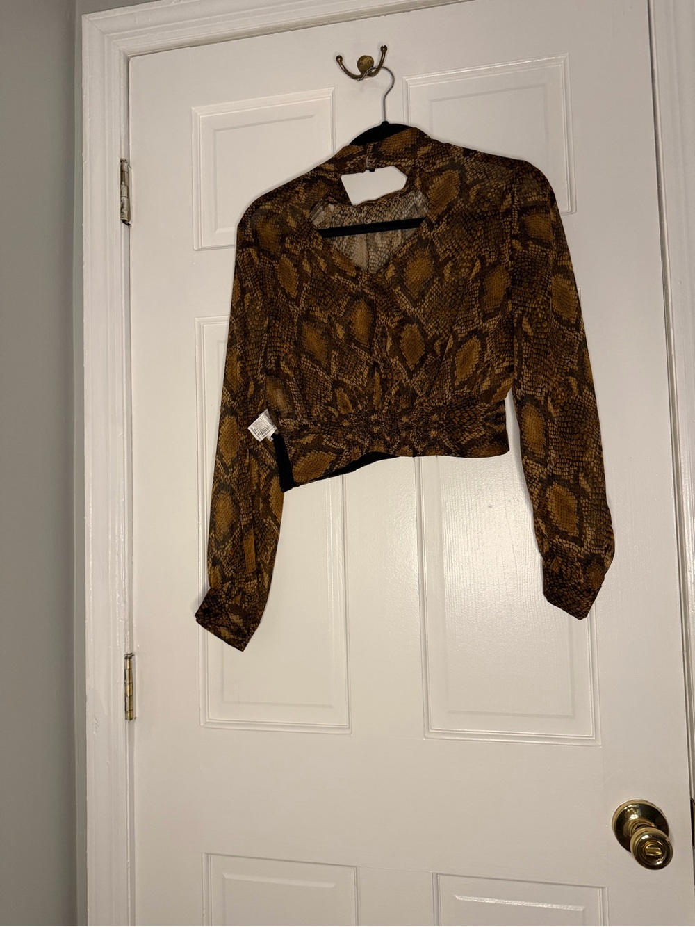 Croc-Print V-Neck Long-Sleeve Blouse in Brown